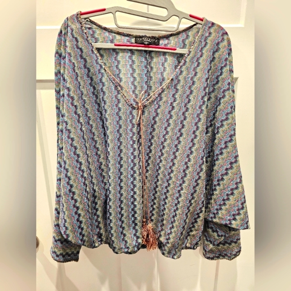 Sanctuary Clothing Chevron Metallic Knit Tassel Tie Blouse Women’s S Made in USA